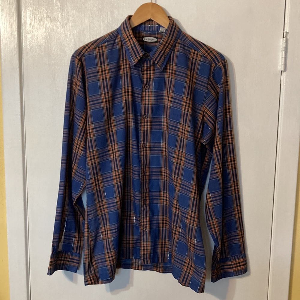 Vintage La Strada Men’s Plaid with Shiny Thread Long Sleeve Button Down Shirt